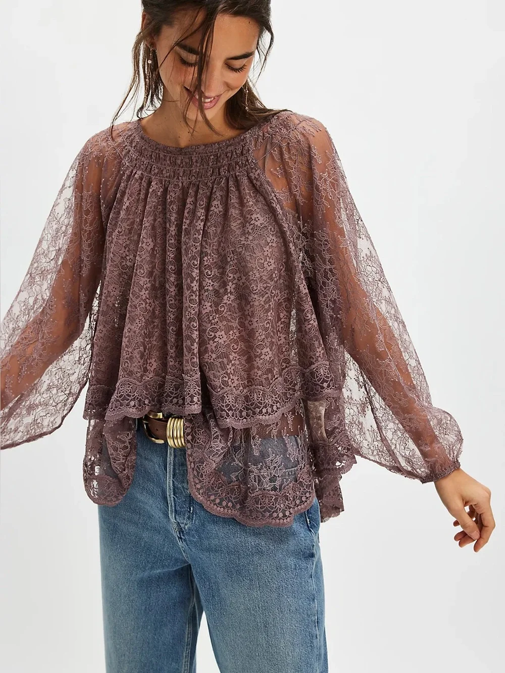 Free People Goldie Knit Top - Plum Dust Size Medium Lace Boho